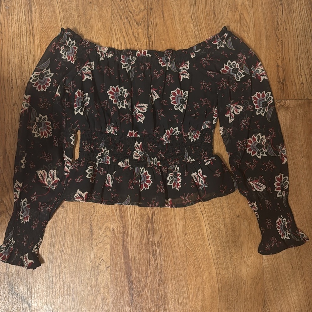 Patrons of Peace black and maroon floral Ruffled Smocked Blouse